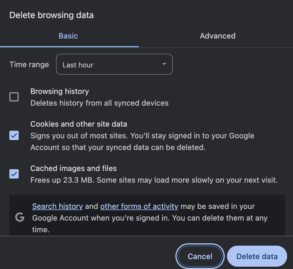 Browser controls for clearing cached files